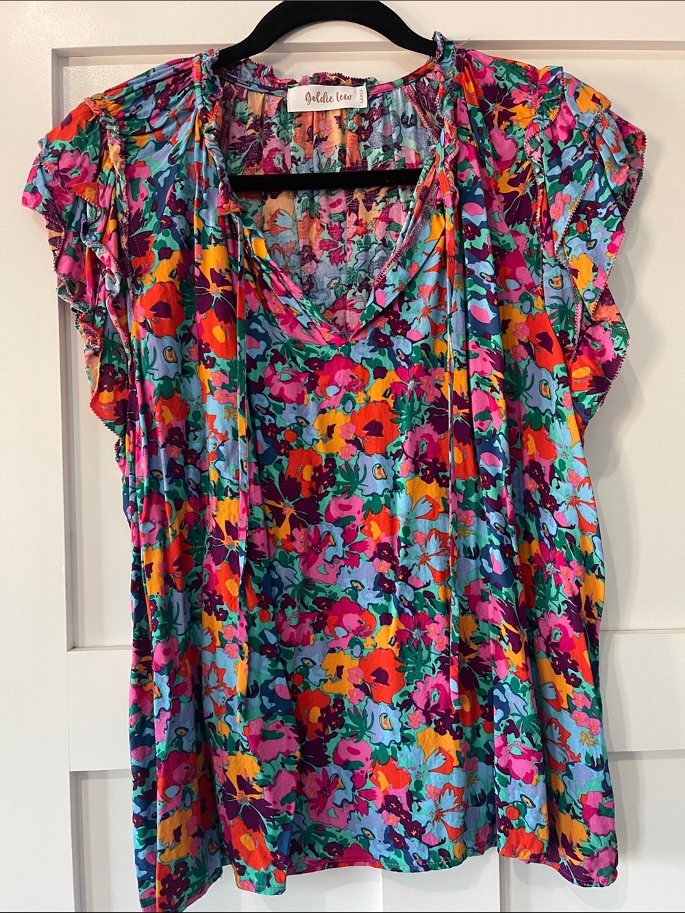 Goldie Lew V-Neck Flutter Sleeve Floral Blouse — Multicolor